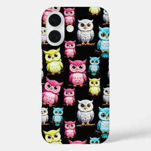 Colourful Owl Birds Black Background Pattern  iPhone 16 Case