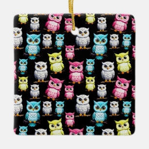 Colourful Owl Birds Black Background Pattern Ceramic Ornament