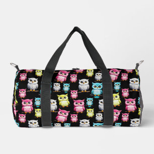 Colourful Owl Birds Black Background Pattern  Duffle Bag