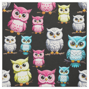 Colourful Owl Birds Black Background Pattern  Fabric