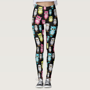 Colourful Owl Birds Black Background Pattern  Leggings