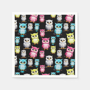 Colourful Owl Birds Black Background Pattern Napkin