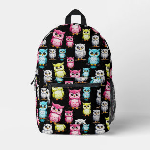 Colourful Owl Birds Black Background Pattern  Printed Backpack