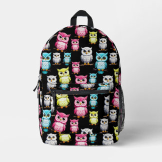 Colourful Owl Birds Black Background Pattern Printed Backpack