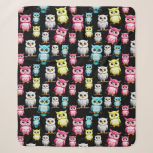 Colourful Owl Birds Black Background Pattern Sherpa Blanket