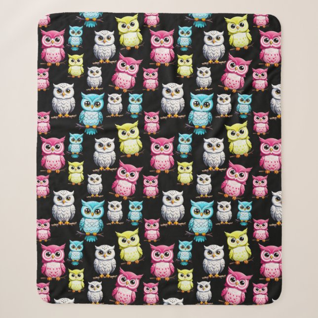 Colourful Owl Birds Black Background Pattern  Sherpa Blanket (Front)