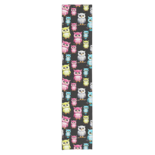 Colourful Owl Birds Black Background Pattern  Short Table Runner
