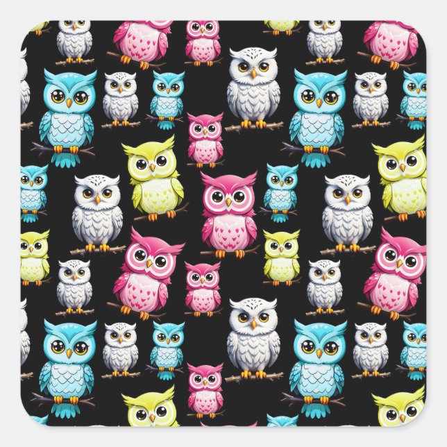 Colourful Owl Birds Black Background Pattern  Square Sticker (Front)