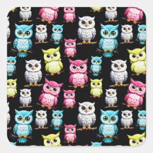 Colourful Owl Birds Black Background Pattern  Square Sticker