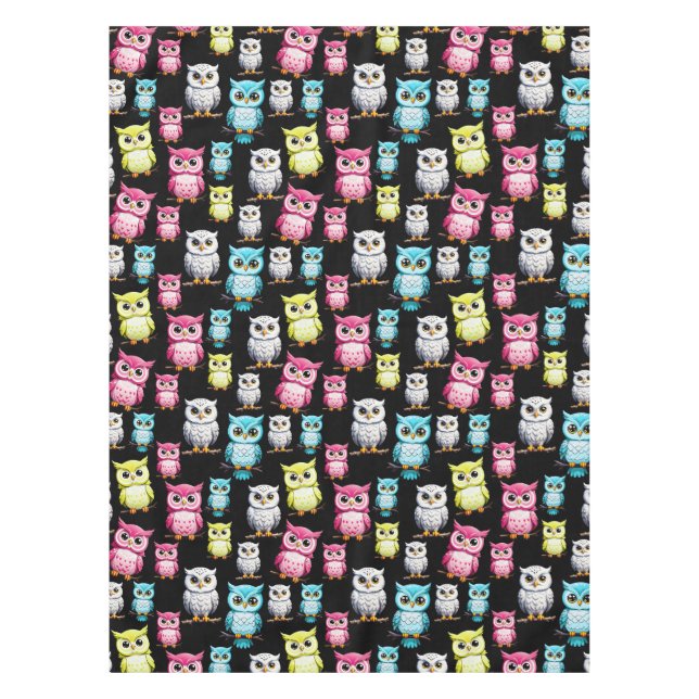 Colourful Owl Birds Black Background Pattern  Tablecloth (Front)