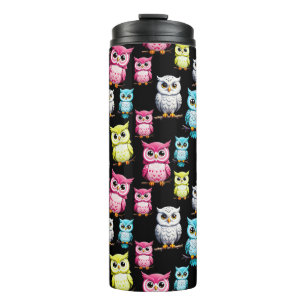 Colourful Owl Birds Black Background Pattern  Thermal Tumbler