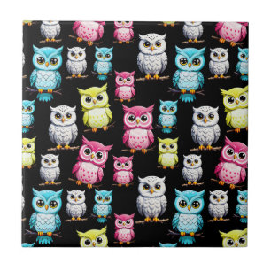 Colourful Owl Birds Black Background Pattern  Tile