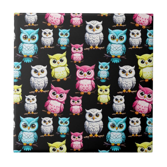Colourful Owl Birds Black Background Pattern  Tile (Front)