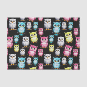 Colourful Owl Birds Black Background Pattern Tissue Paper
