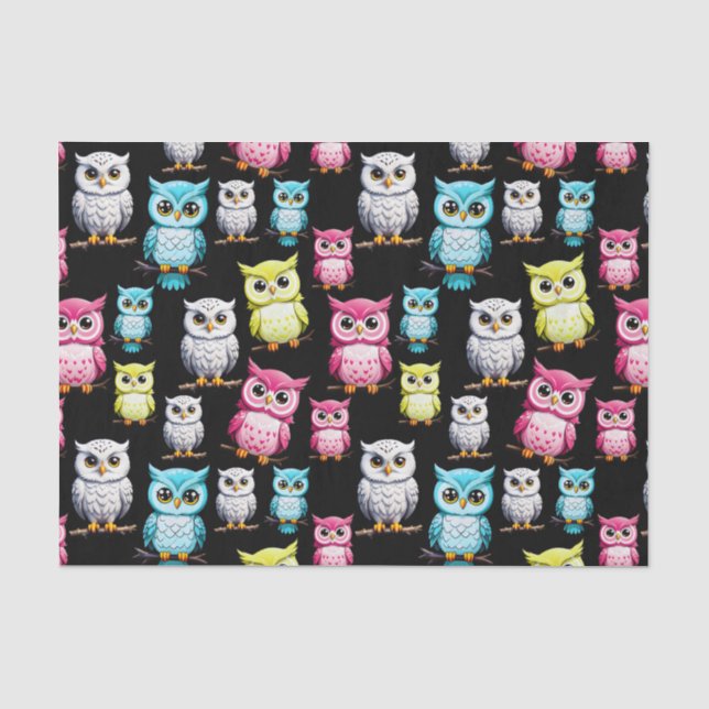 Colourful Owl Birds Black Background Pattern  Tissue Paper (Front)