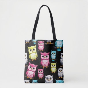 Colourful Owl Birds Black Background Pattern Tote Bag