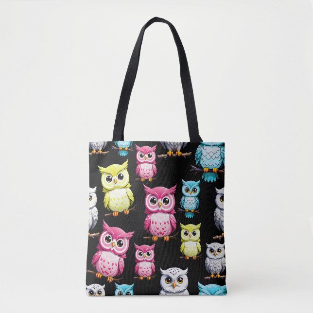 Colourful Owl Birds Black Background Pattern  Tote Bag (Front)