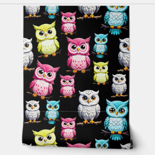 Colourful Owl Birds Black Background Pattern  Wallpaper