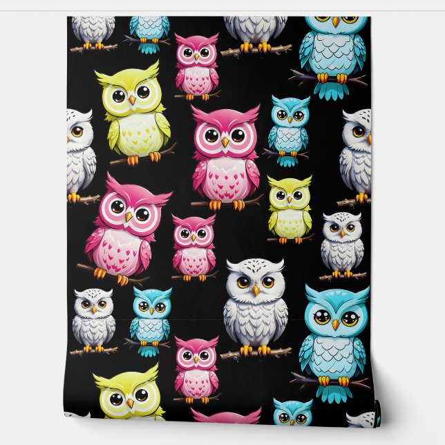 Colourful Owl Birds Black Background Pattern  Wallpaper (Unrolling)