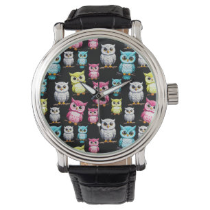 Colourful Owl Birds Black Background Pattern Watch