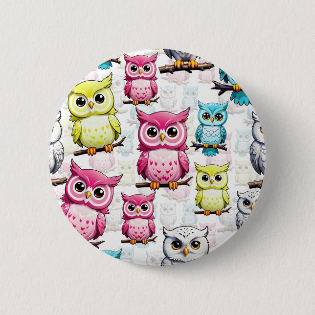 Colourful Owl Birds White Background Pattern  2 Inch Round Button (Front)