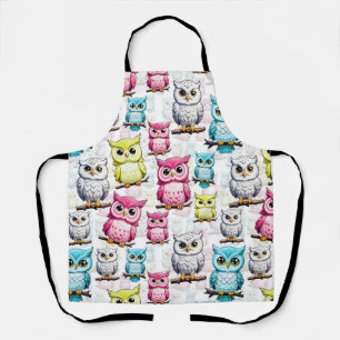 Colourful Owl Birds White Background Pattern  Apron