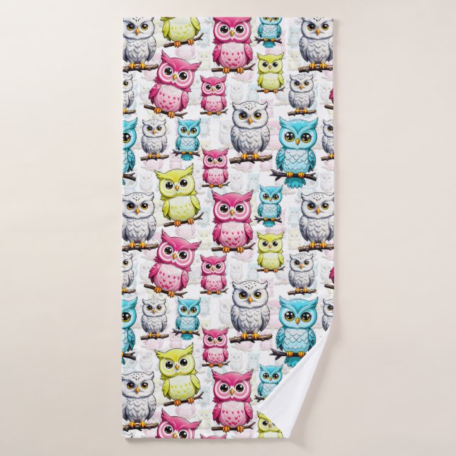 Colourful Owl Birds White Background Pattern  Bath Towel (Bath Towel)
