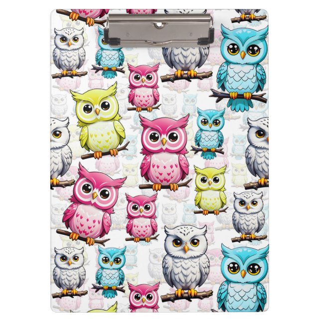 Colourful Owl Birds White Background Pattern  Clipboard (Front)