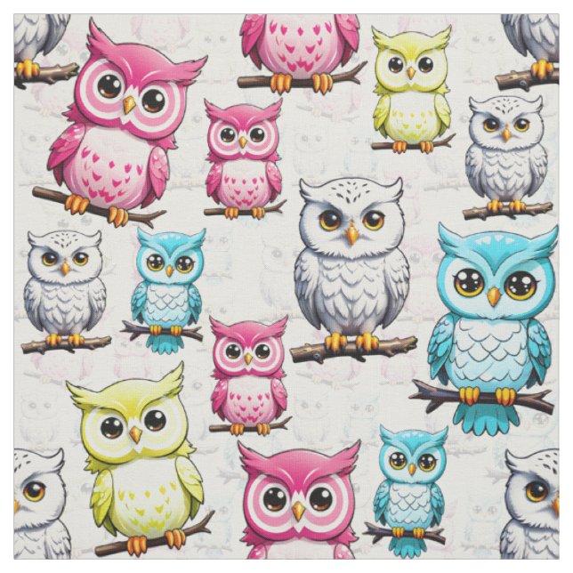 Colourful Owl Birds White Background Pattern  Fabric (Swatch)