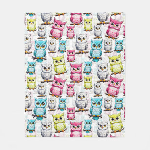 Colourful Owl Birds White Background Pattern  Fleece Blanket