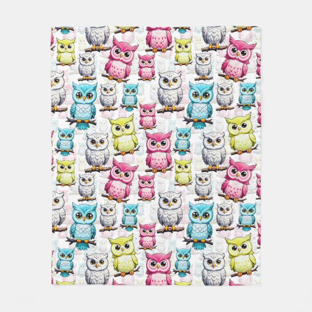 Colourful Owl Birds White Background Pattern  Fleece Blanket (Front)