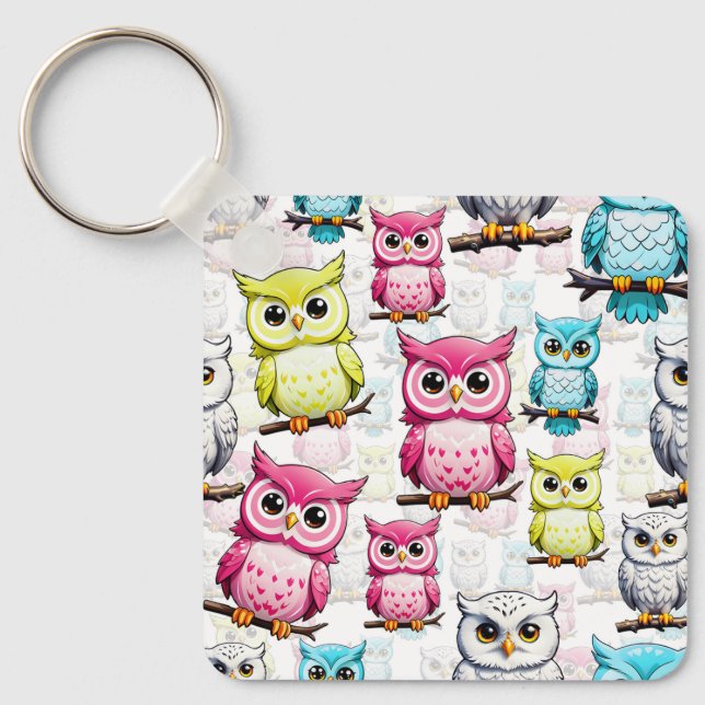 Colourful Owl Birds White Background Pattern  Keychain (Front)