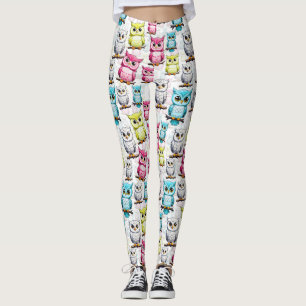 Colourful Owl Birds White Background Pattern Leggings