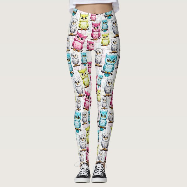 Colourful Owl Birds White Background Pattern  Leggings (Front)