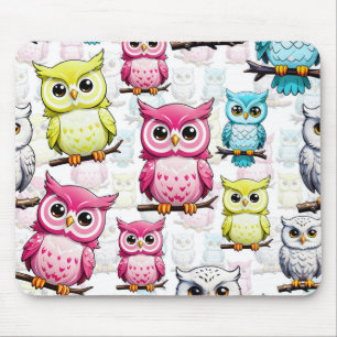 Colourful Owl Birds White Background Pattern Mouse Pad