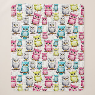 Colourful Owl Birds White Background Pattern  Sherpa Blanket