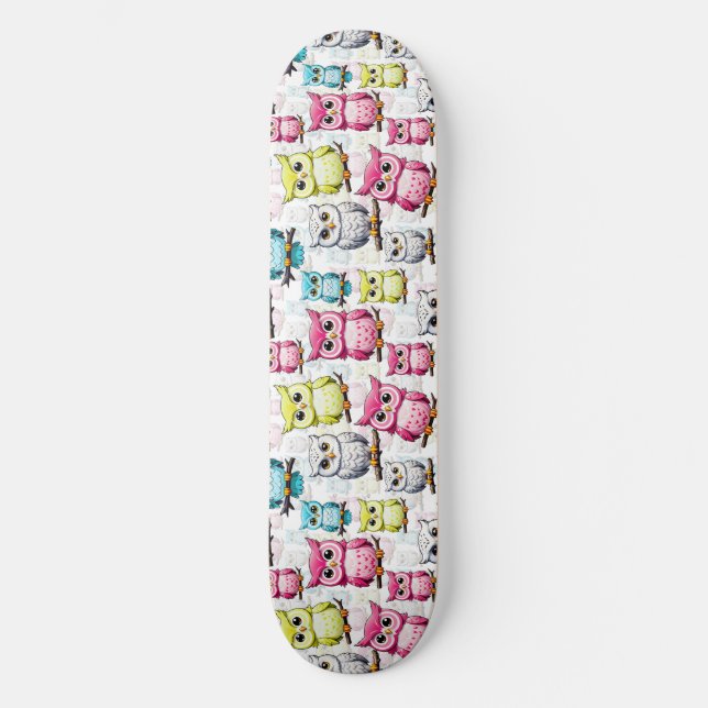 Colourful Owl Birds White Background Pattern  Skateboard (Front)