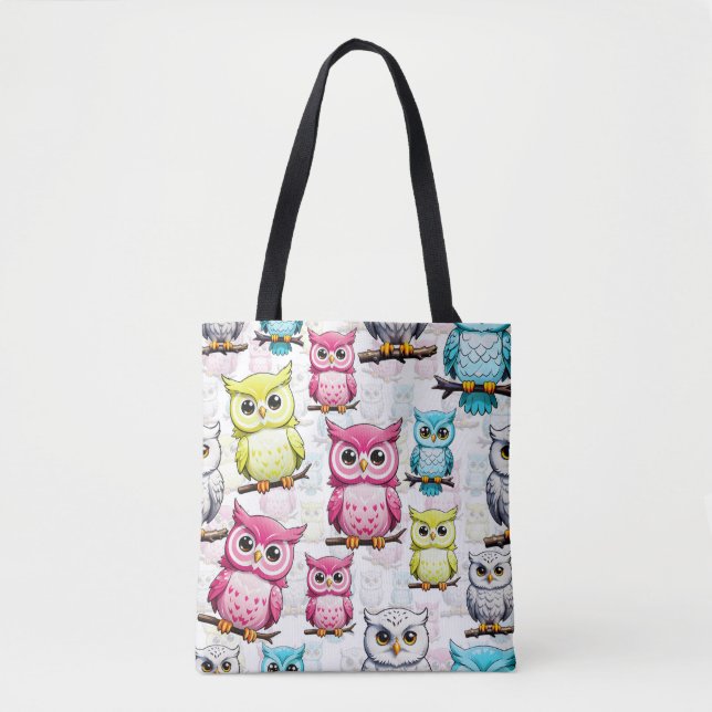 Colourful Owl Birds White Background Pattern  Tote Bag (Front)