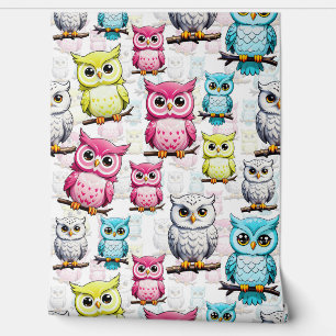 Colourful Owl Birds White Background Pattern Wallpaper