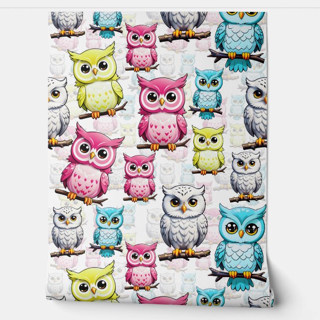 Colourful Owl Birds White Background Pattern  Wallpaper (Unrolling)