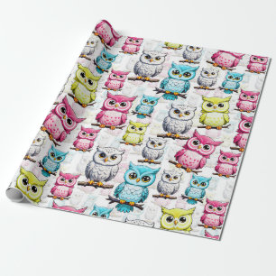 Colourful Owl Birds White Background Pattern  Wrapping Paper