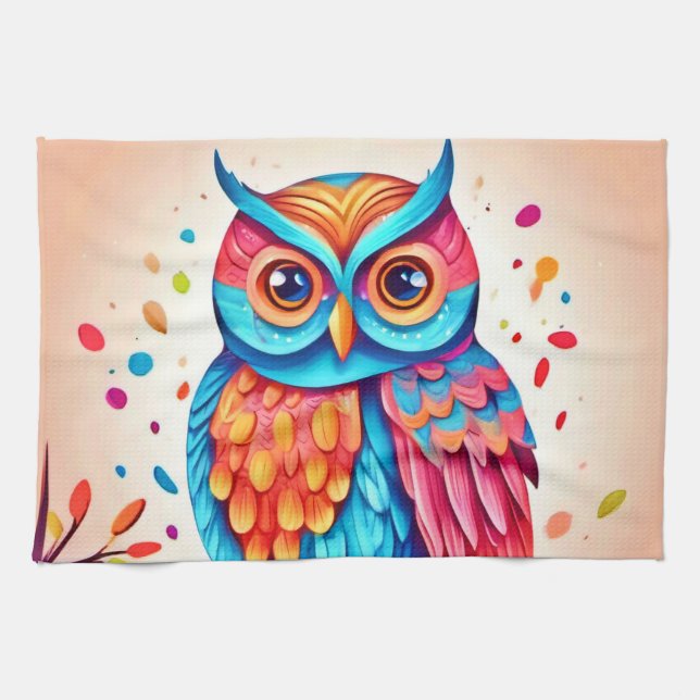 Colourful Owl Branch Art Kitchen Towel (Horizontal)