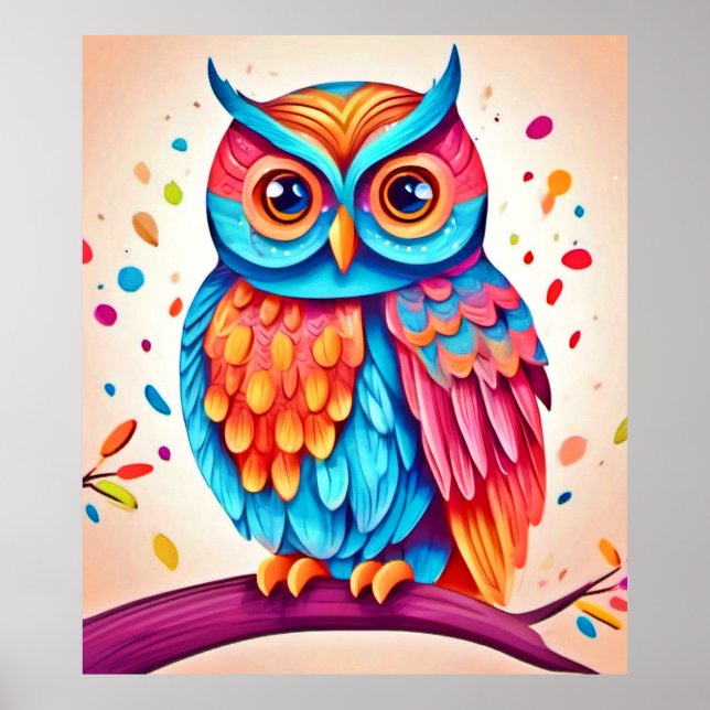 Colourful Owl Branch Art Poster (Front)