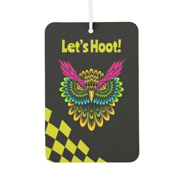 Colourful Owl & Chequered Racing with Custom Text Air Freshener (Front)