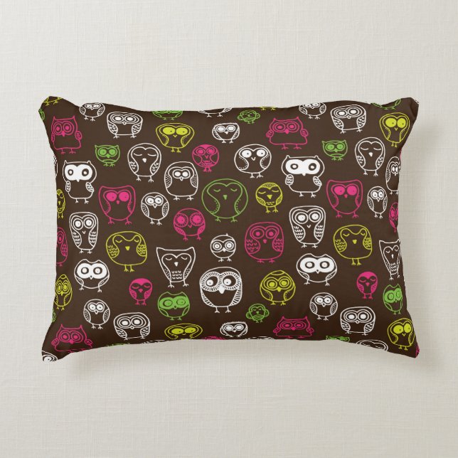 Colourful owl doodle background pattern accent pillow (Front)