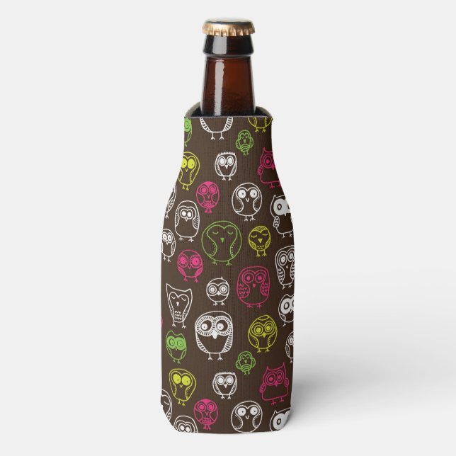 Colourful owl doodle background pattern bottle cooler (Bottle Front)