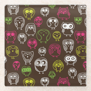 Colourful owl doodle background pattern glass coaster