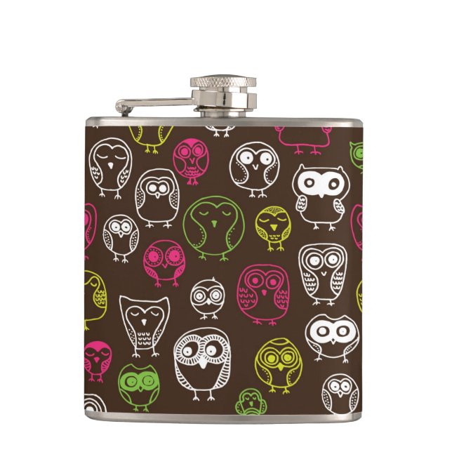 Colourful owl doodle background pattern hip flask (Front)