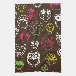 Colourful owl doodle background pattern kitchen towel