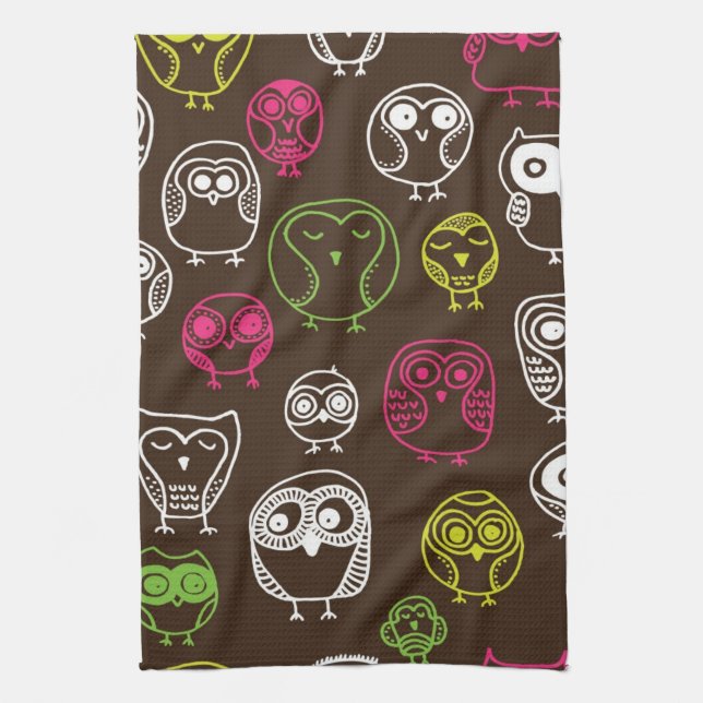 Colourful owl doodle background pattern kitchen towel (Vertical)